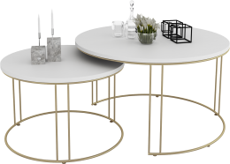 ZSDR3PI-C4BM; Zestaw Okrągłych Stolików 3PI; z drutu 10/8 mm; 750x750x430mm; 550x550x370mm; Złoty + blat Biały mat; 18 mm