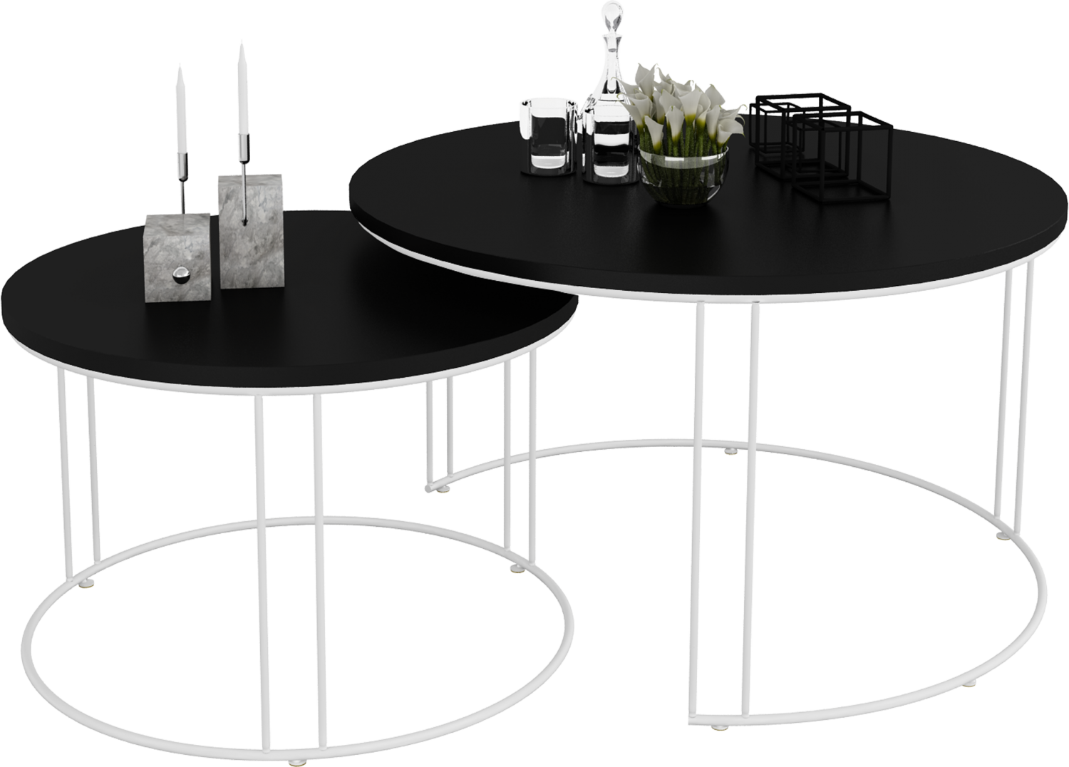 ZSDR3PI-C2CZ; Zestaw Okrągłych Stolików 3PI; z drutu 10/8 mm; 750x750x430mm; 550x550x370mm; Biały mat + blat Czarny MiniPearl; 18 mm