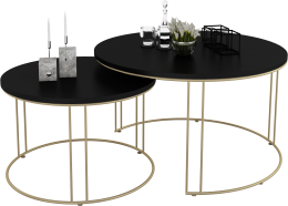 ZSDR3PI-C4CZ; Zestaw Okrągłych Stolików 3PI; z drutu 10/8 mm; 750x750x430mm; 550x550x370mm; Złoty + blat Czarny MiniPearl; 18 mm